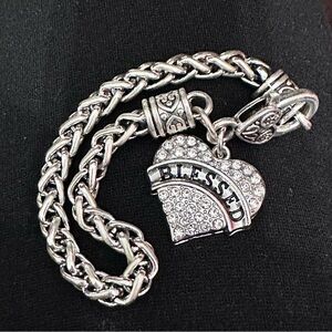 Silver Plated Heart Bracelet Engraved Blessed Charm Dangle Braided Rope Chain